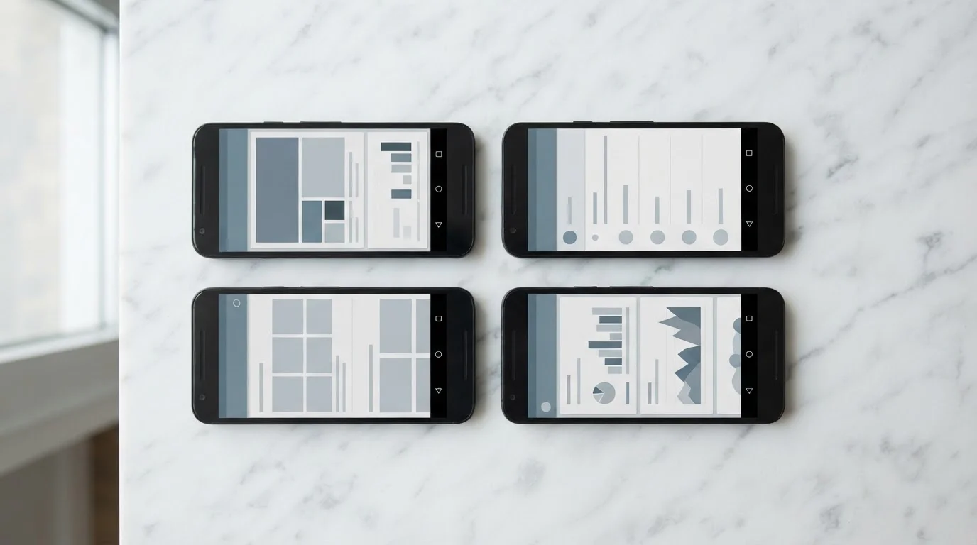 Mehrere Smartphones nebeneinander zeigen verschiedene neutrale App-Oberflächen im Vergleich