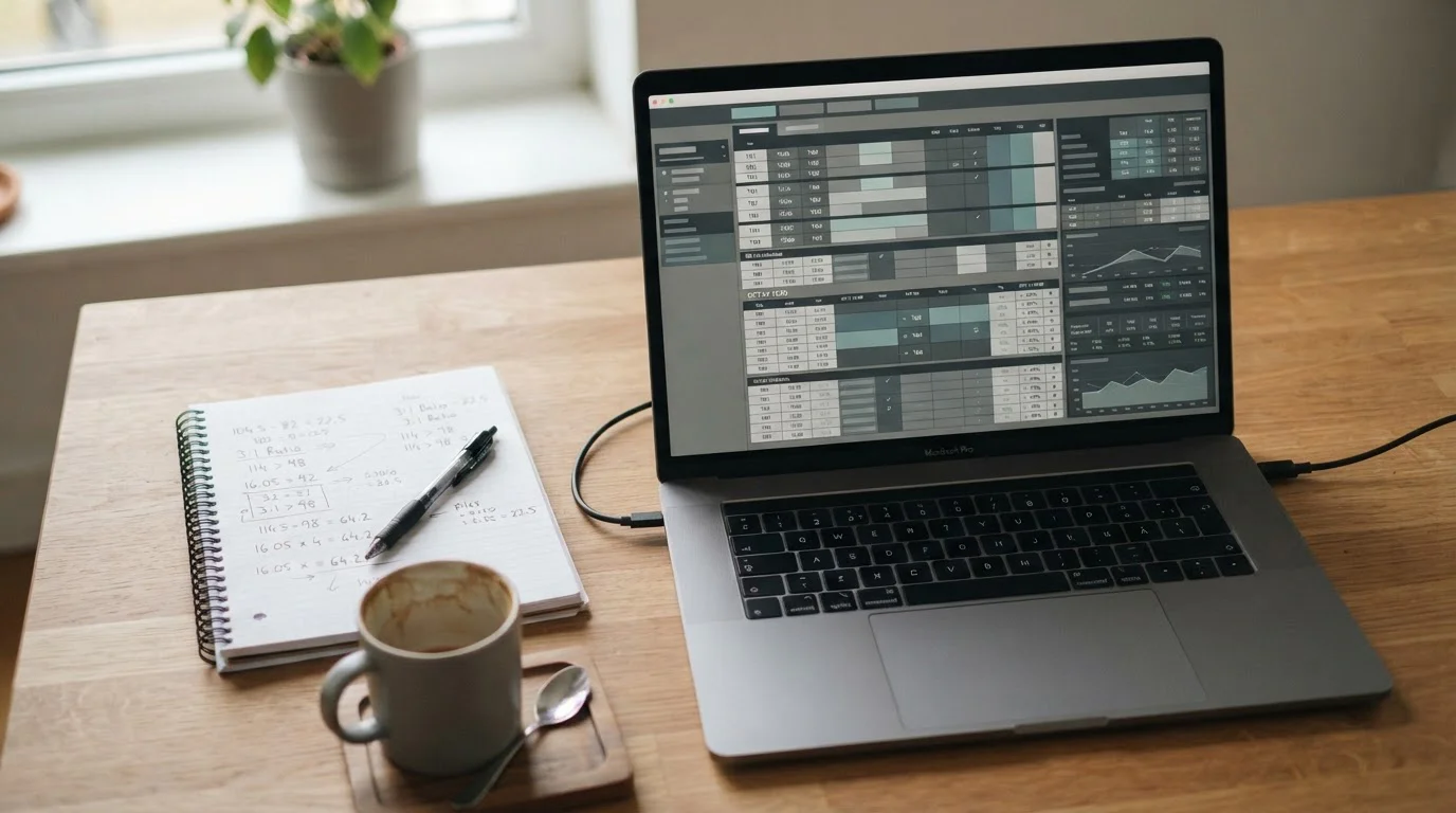 Analytischer Arbeitsplatz mit Laptop und Notizen zur Serie-A-Wettanalyse