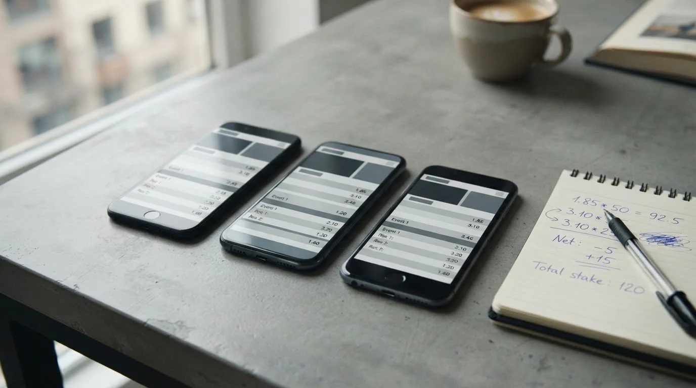 Mehrere Smartphones mit Sport-Wett-Apps im Vergleich auf neutralem Untergrund