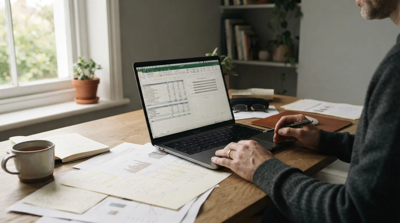 Ruhige Szene eines Arbeitsplatzes mit Laptop und Dokumenten zur Analyse von Wettanbietern