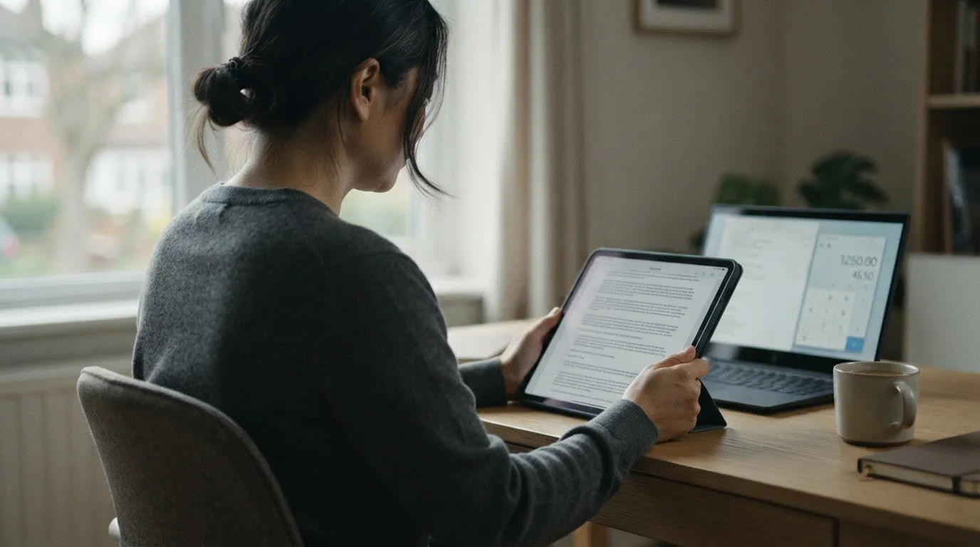 Person liest Bonusbedingungen auf Tablet-Bildschirm