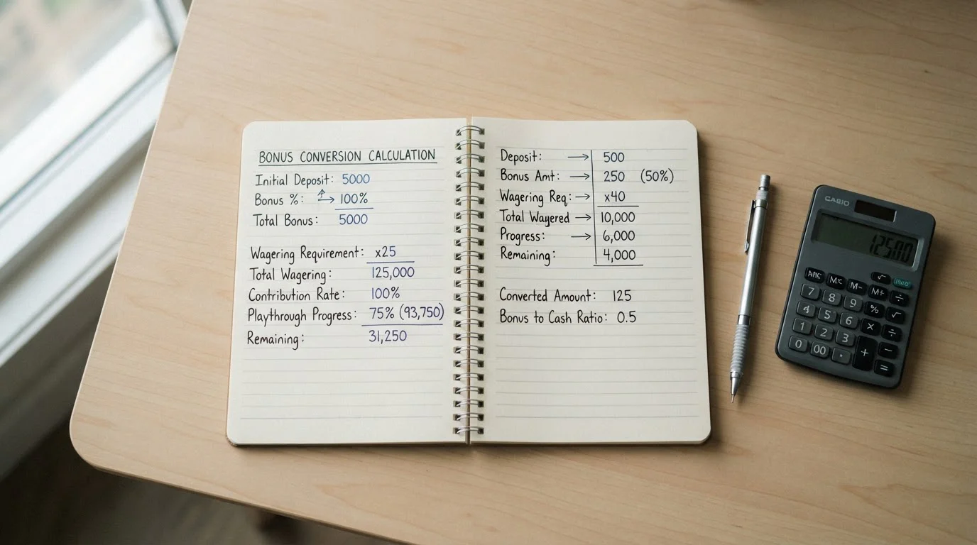 Notizblock mit handschriftlichen Rechenbeispielen neben Taschenrechner und Stift