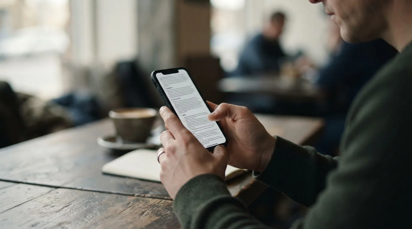 Person liest Bonusbedingungen auf Smartphone-Bildschirm
