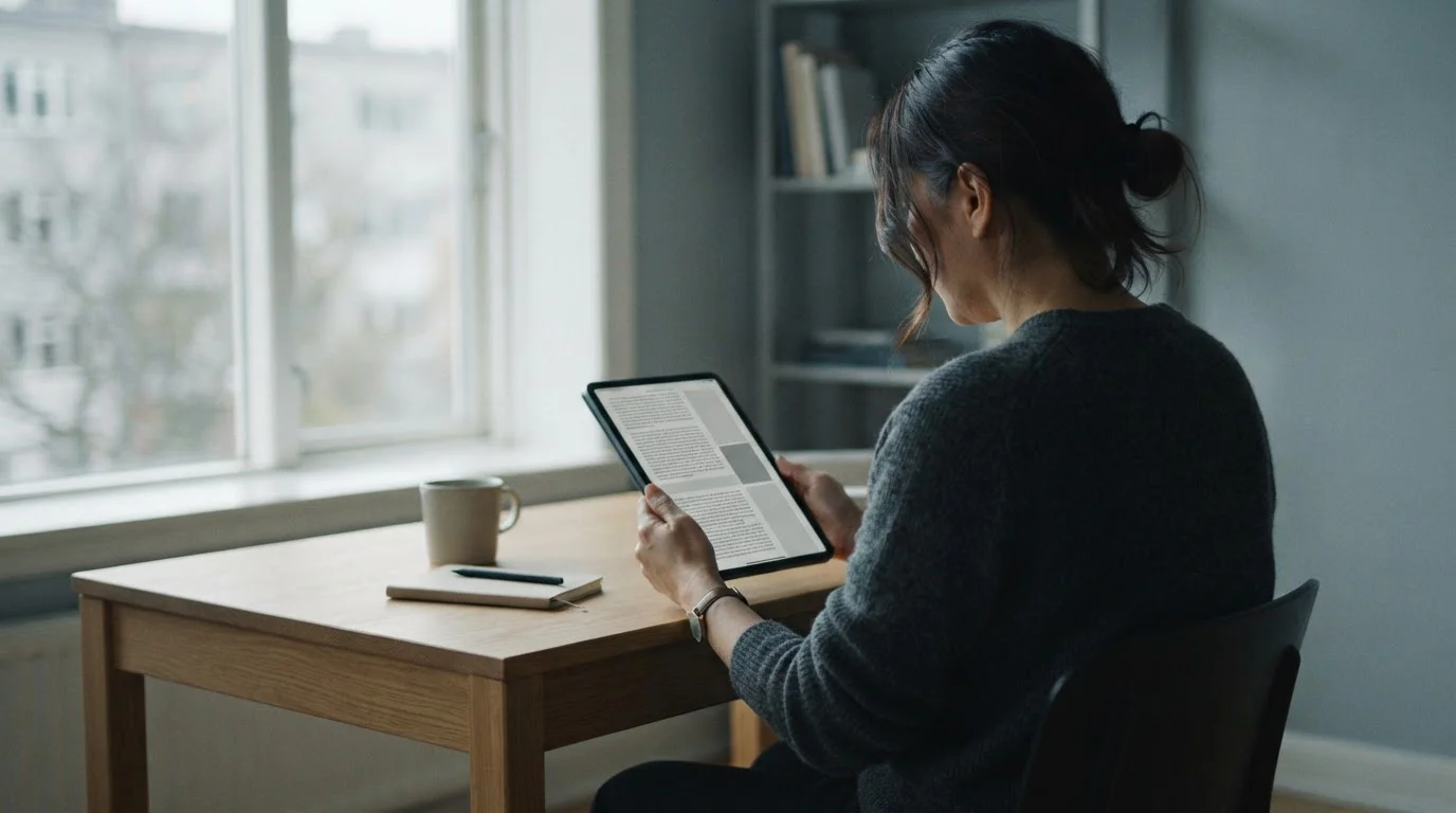 Person liest Bonusbedingungen und gesetzliche Regelungen auf einem Tablet
