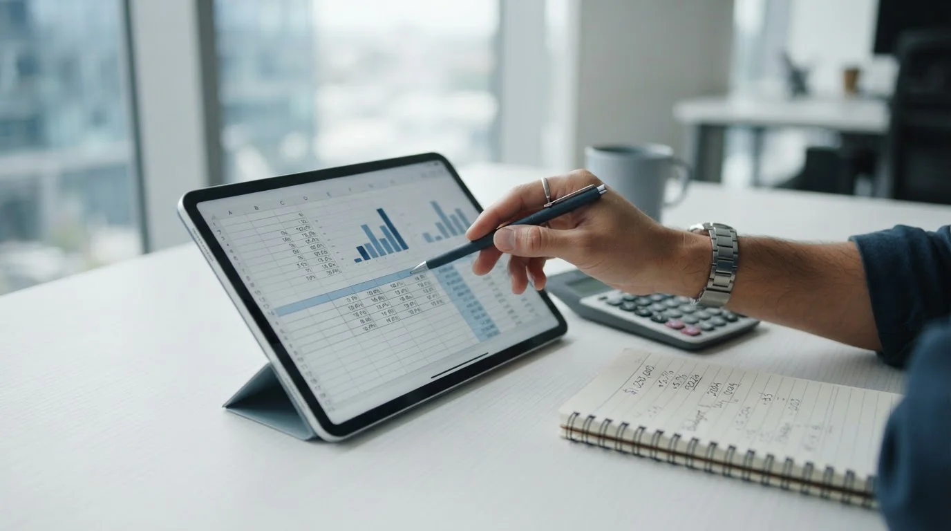 Finanzkalkulation mit Taschenrechner und Prozentangaben auf Tablet