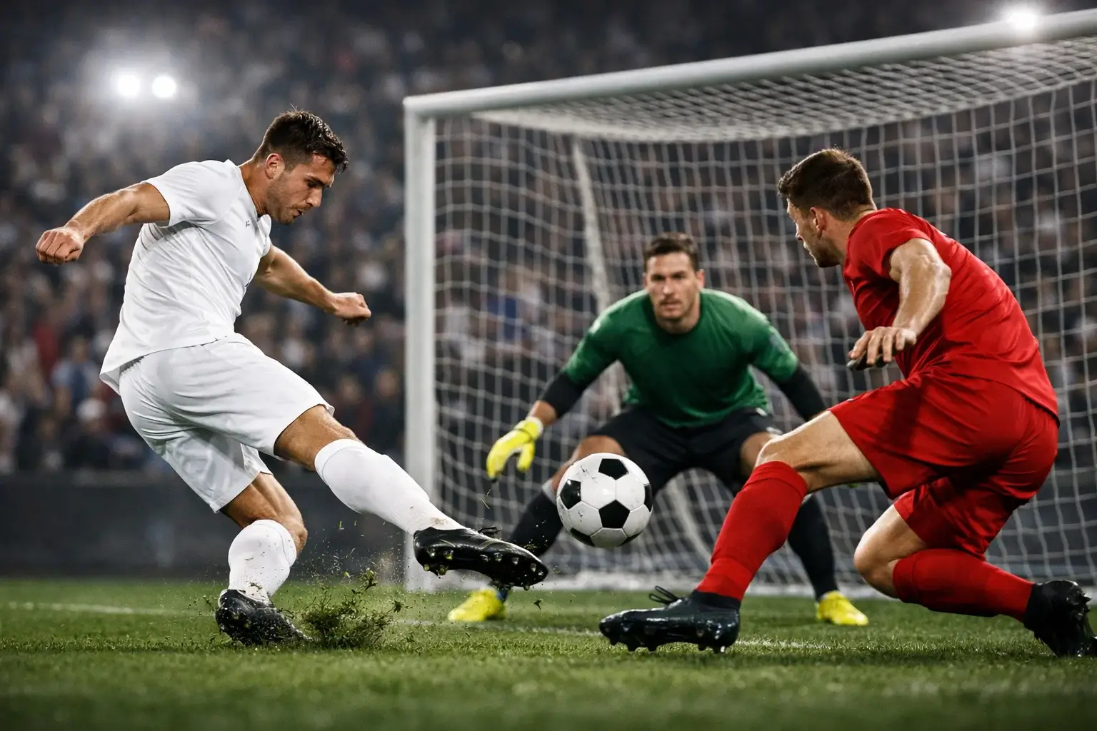 Dynamische Torschuss-Aktion in einem Bundesliga-Spiel