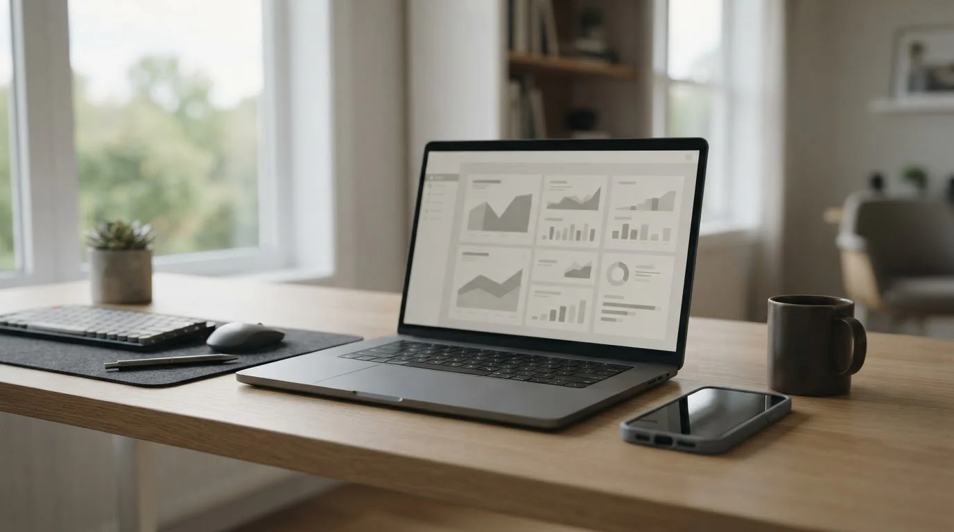 Laptop mit neutraler Benutzeroberfläche und Smartphone auf einem Schreibtisch, symbolisiert digitale Zahlungsmethoden bei Wettanbietern