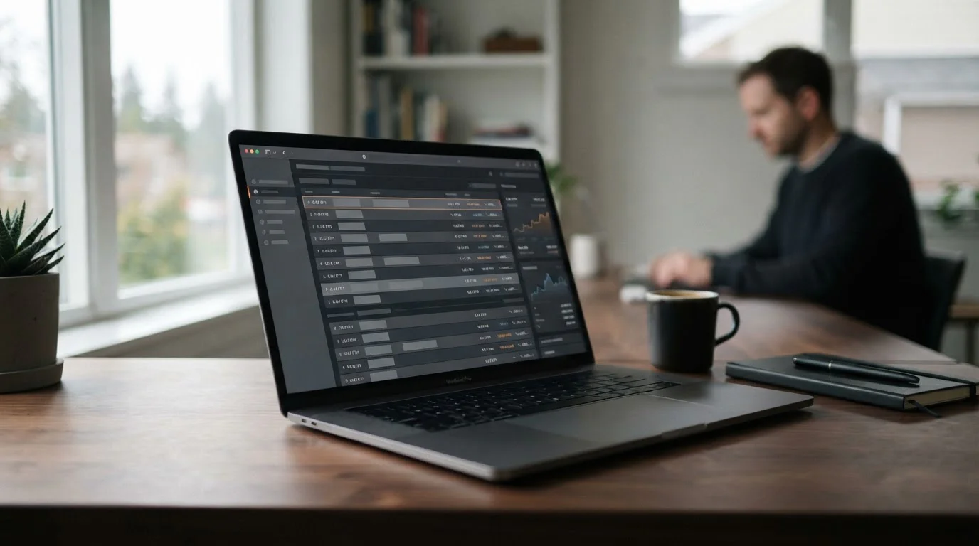 Laptop mit abstraktem Krypto-Wettinterface und neutralen Datenfeldern auf dunklem Schreibtisch