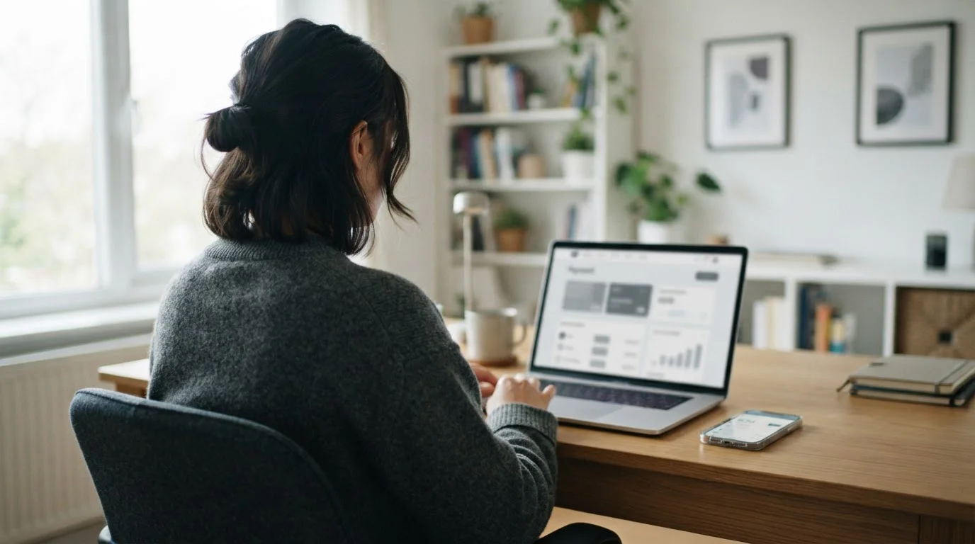 Person vergleicht Online-Banking-Optionen am Laptop zur Einzahlung bei regulierten Wettanbietern
