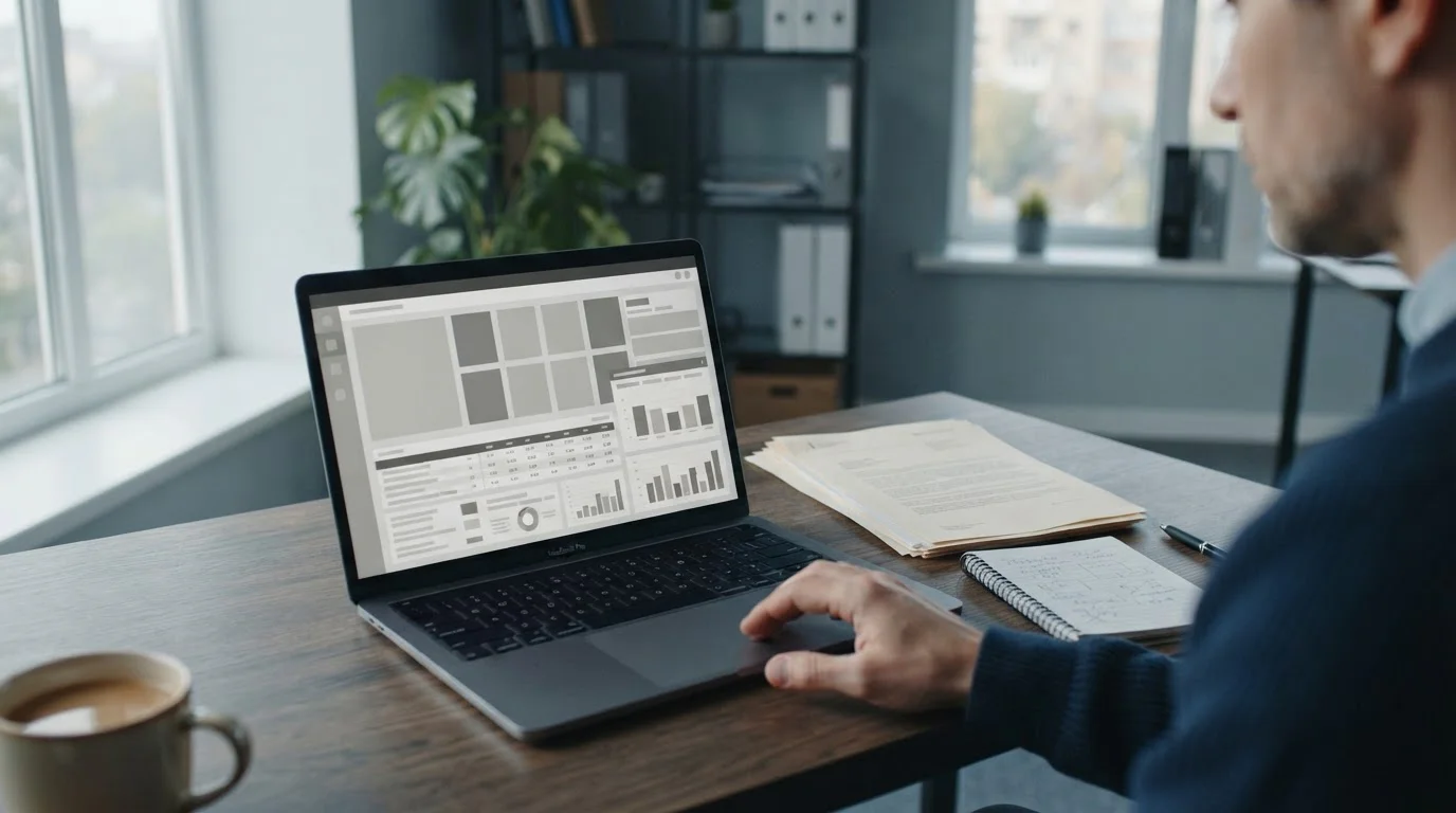 Laptop mit abstrakten Wettseiten-Oberflächen und Dokumenten zur Analyse von Offshore-Wettanbietern