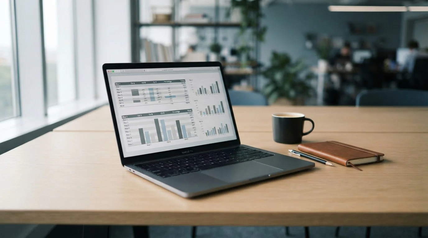 Laptop mit Wettseiten-Vergleichsanalyse auf neutralem Schreibtisch