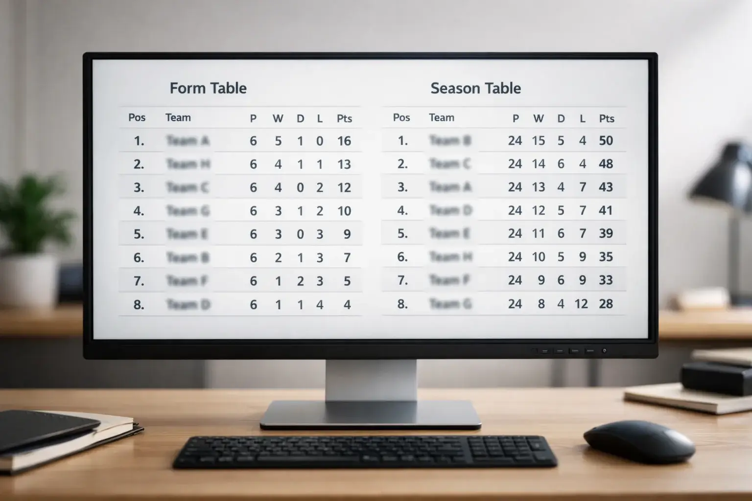 Vergleich zwischen Saisontabelle und Formtabelle auf einem Bildschirm