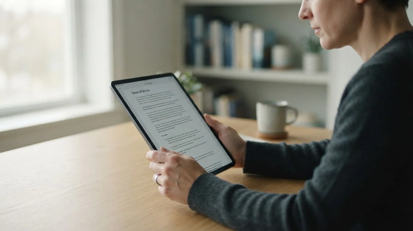 Person liest Bonusbedingungen auf neutralem Interface