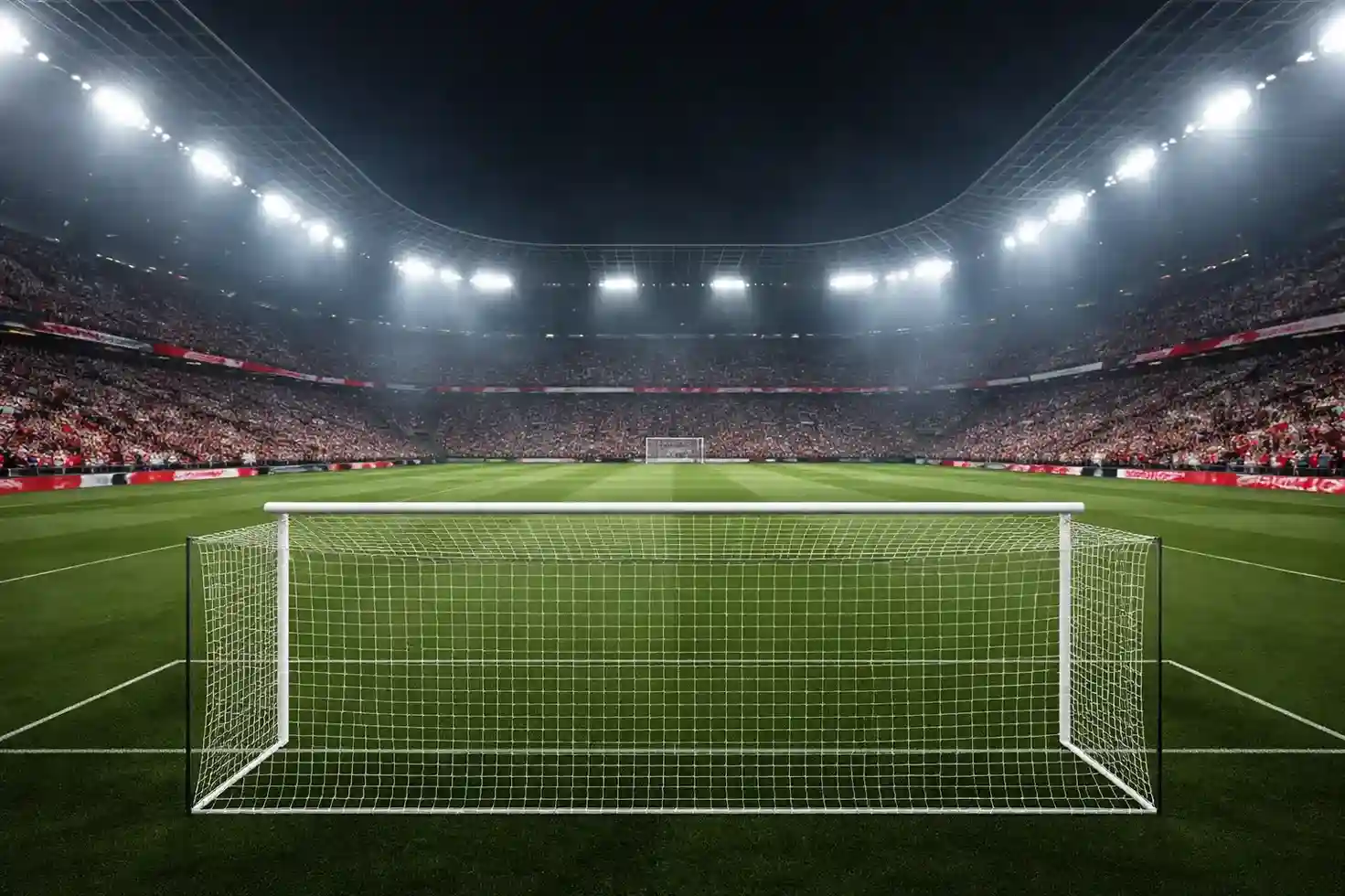 Bundesliga-Stadion am Freitagabend unter Flutlicht mit Fans