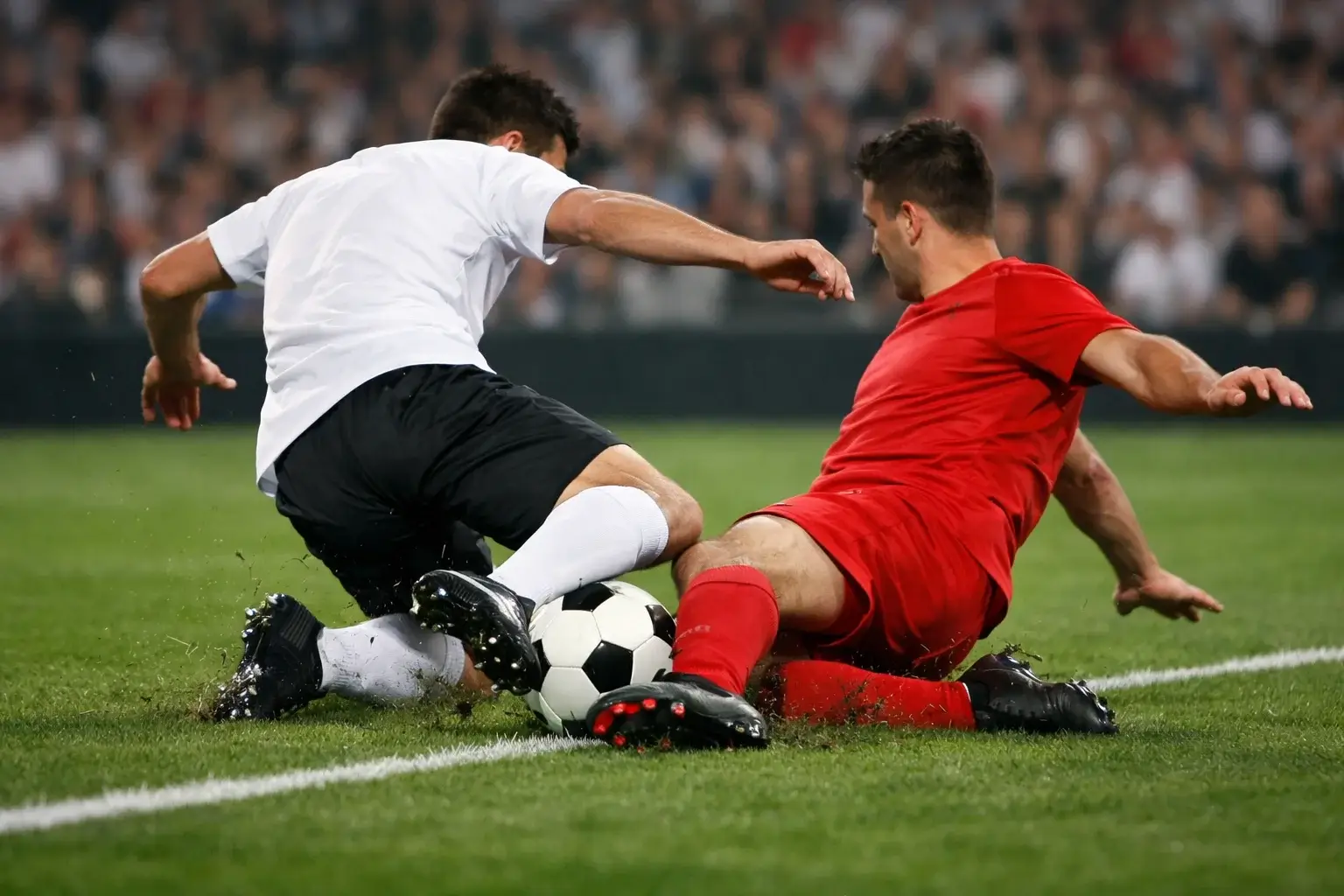 Intensive Spielszene bei einem Bundesliga-Spiel mit zwei Spielern im Zweikampf