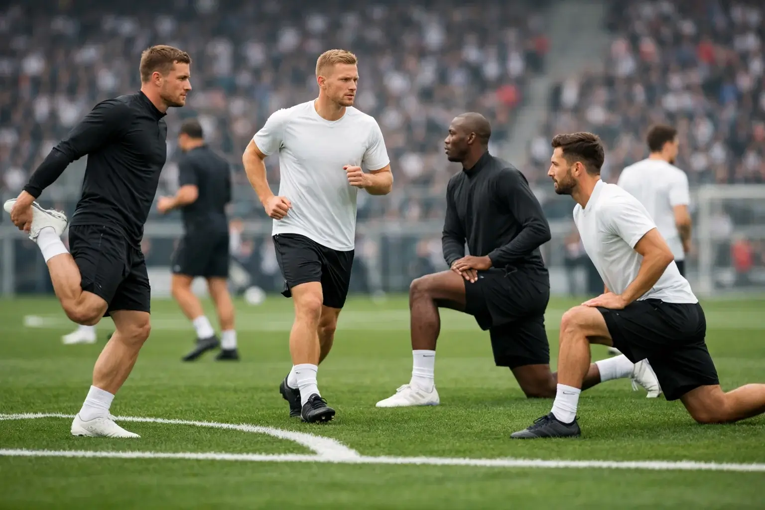 Fußballspieler beim Aufwärmen vor einem Bundesliga-Spiel auf dem Rasen