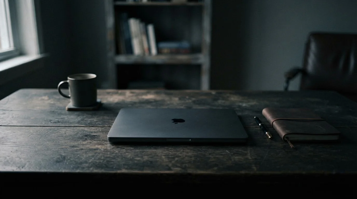 Ged&auml;mpfte Szene mit geschlossenem Laptop, symbolisiert die Risiken unlizenzierter Angebote