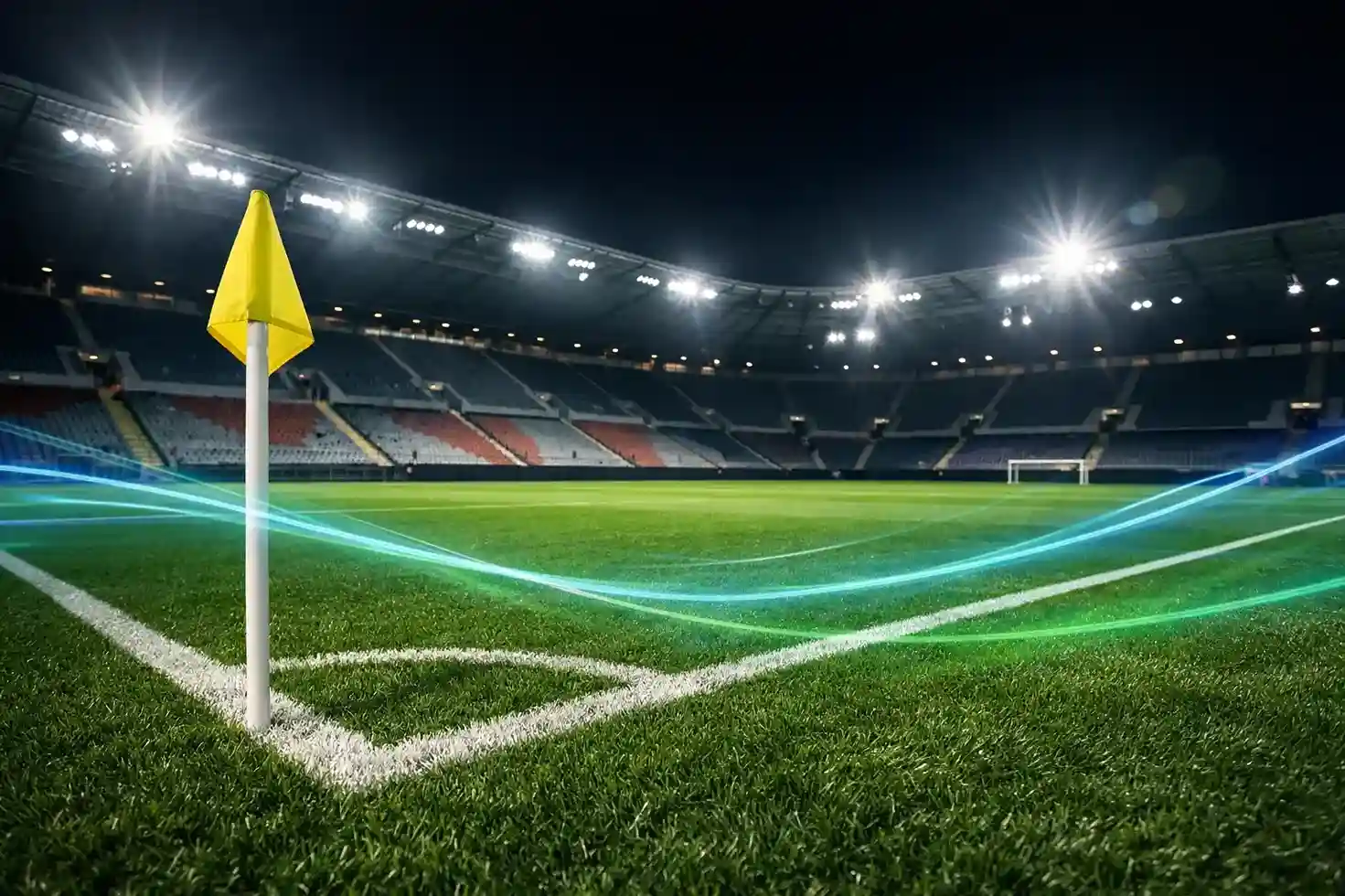 Fußballstadion der Bundesliga bei Flutlicht mit digitalen Datenvisualisierungen