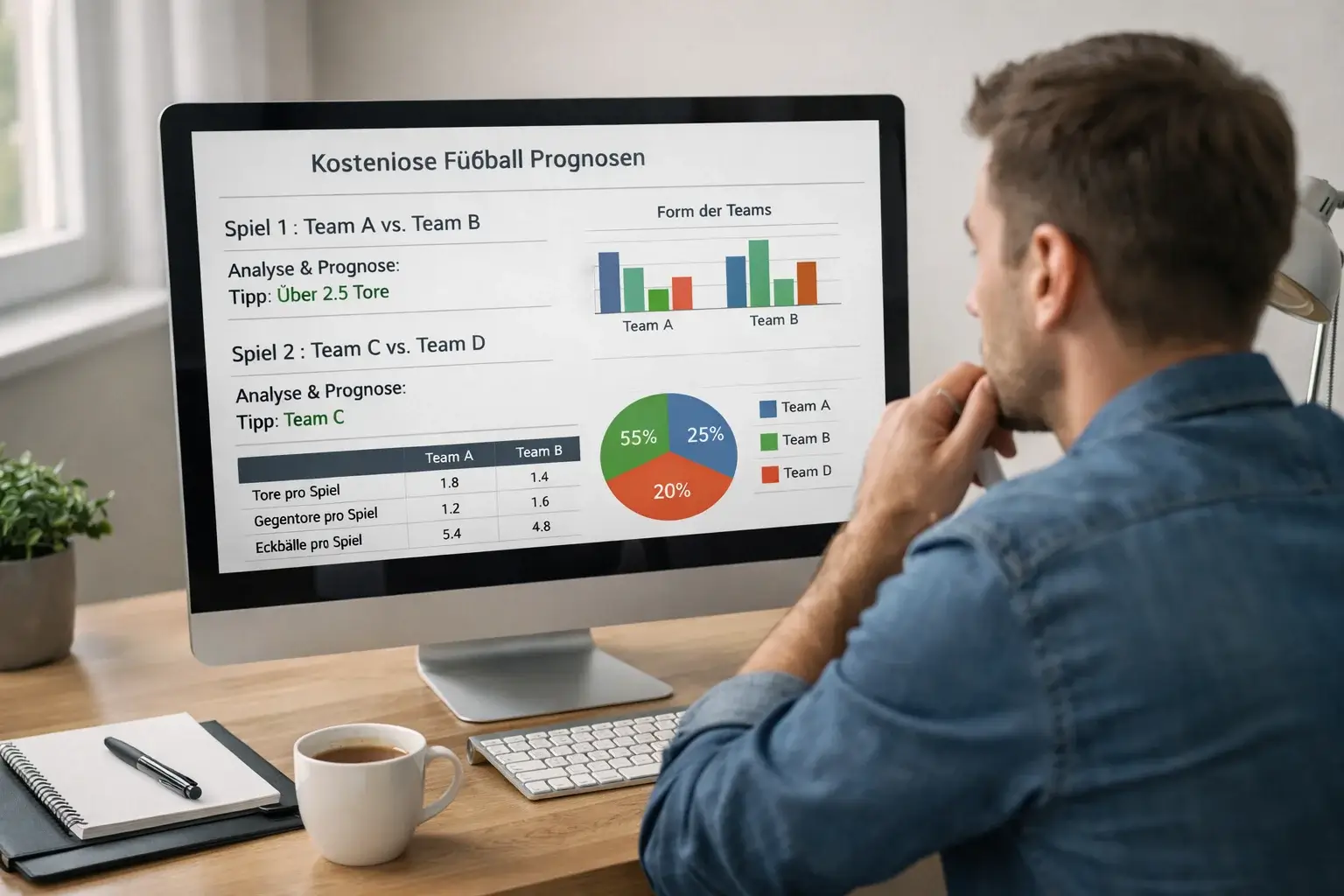 Person recherchiert kostenlose Fußballprognosen am Computer