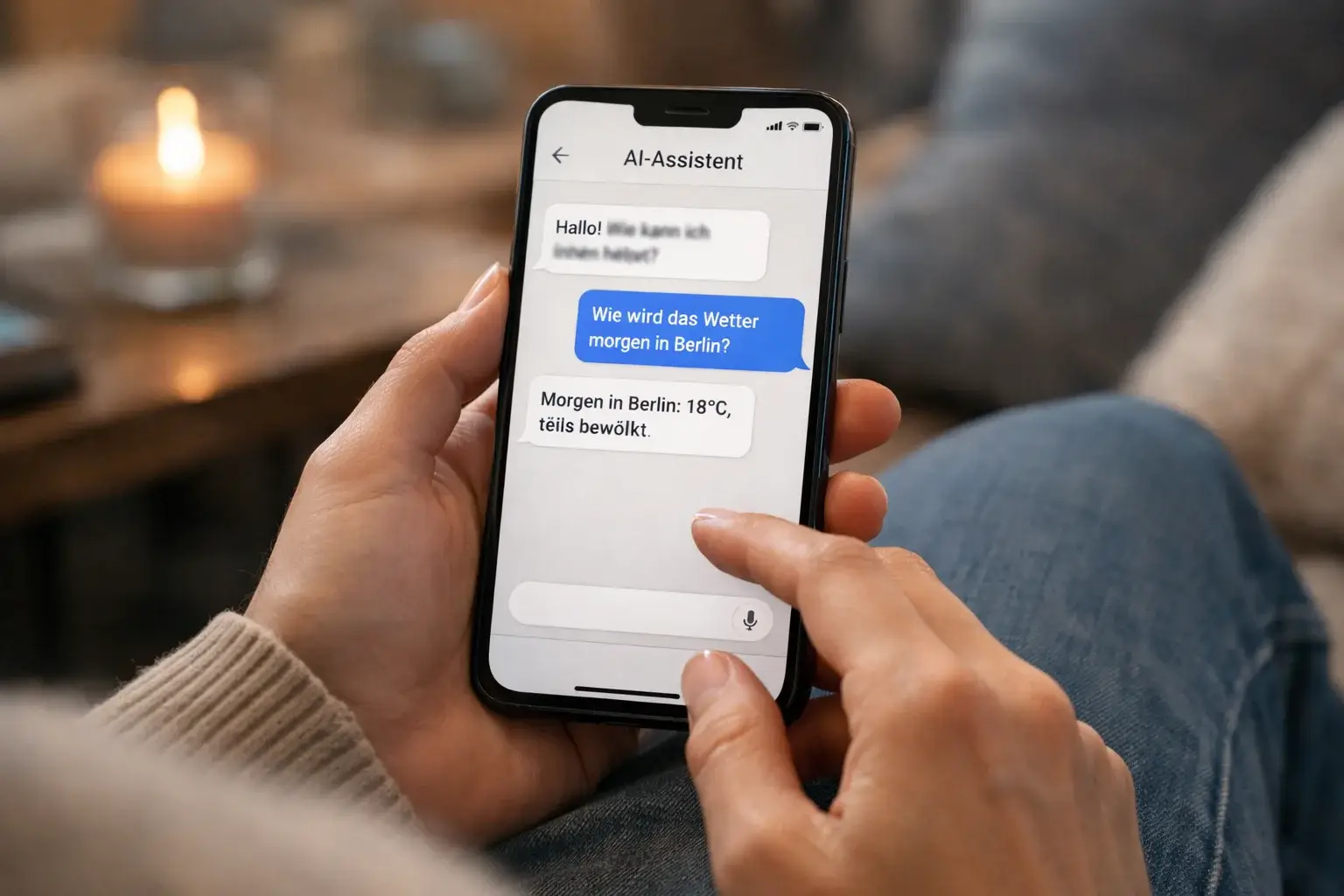Person nutzt einen KI-Assistenten auf dem Smartphone
