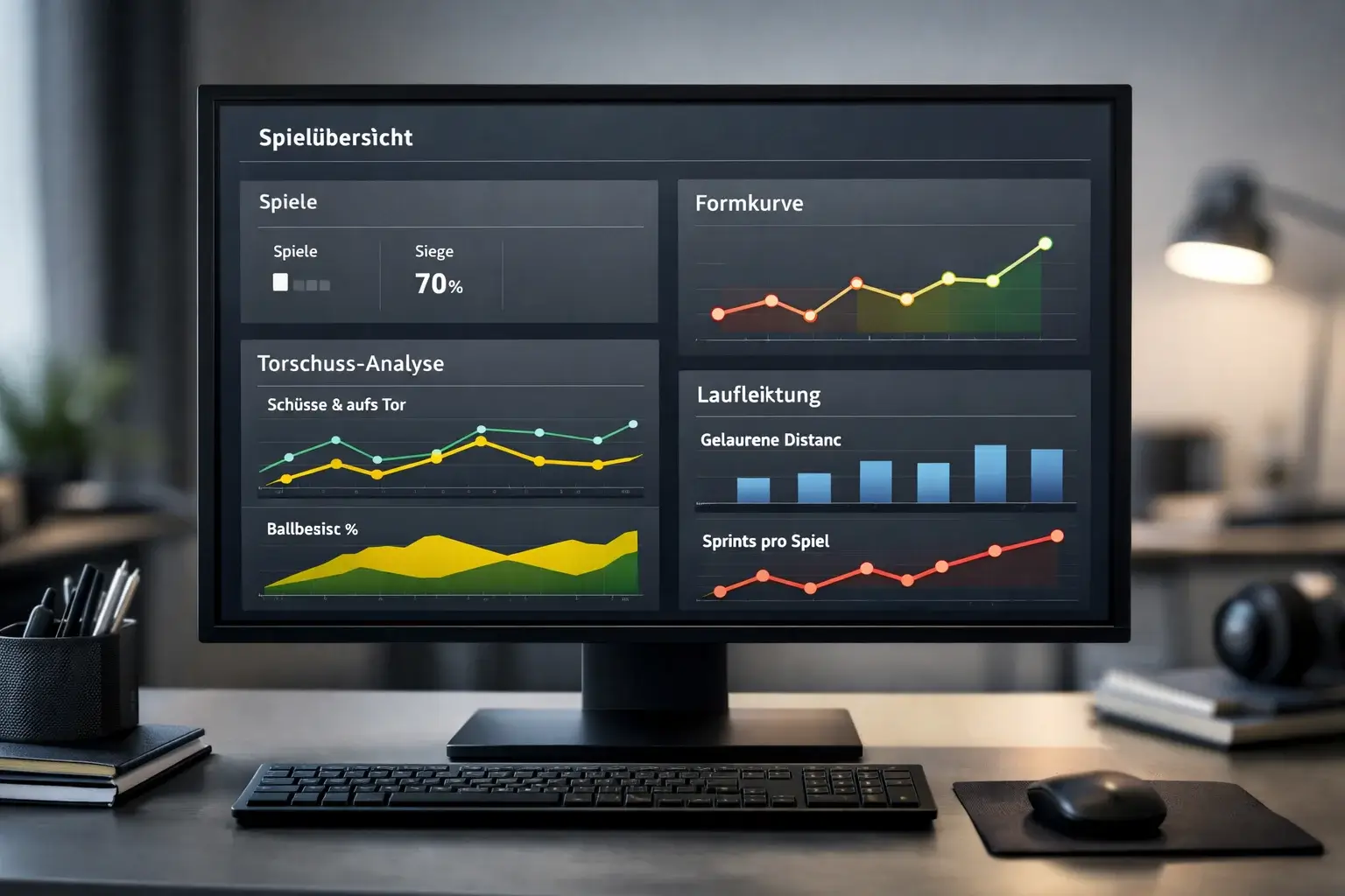 Bildschirm mit Datenvisualisierung und Diagrammen zur Fußballanalyse