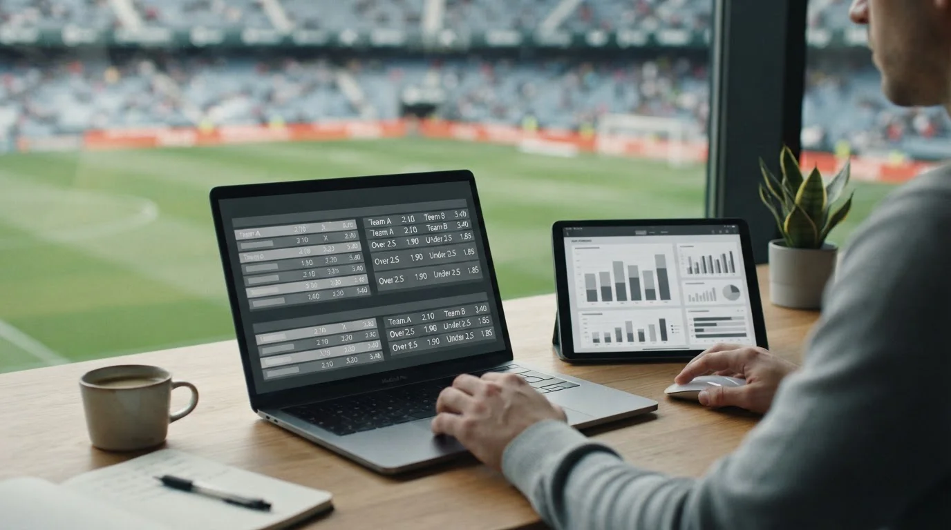 Analyse von La Liga Wettquoten auf Laptop mit Fußballplatz im Hintergrund