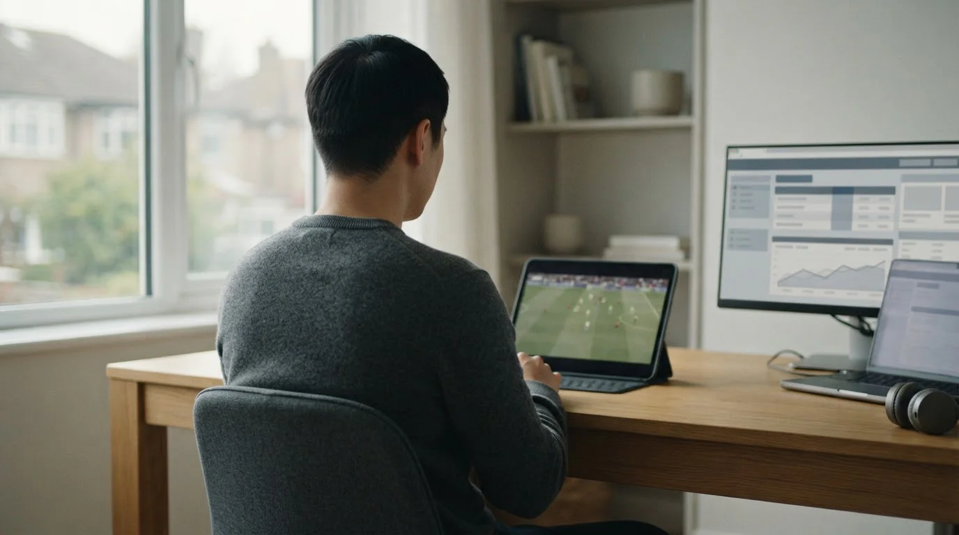 Person verfolgt Live-Sportereignis auf Tablet mit abstraktem Wett-Interface