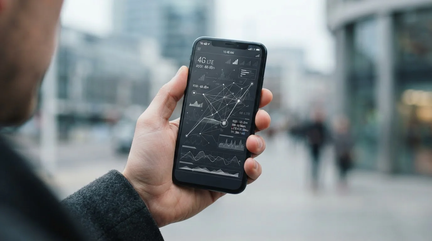 Smartphone mit Darstellung von Netzwerkgeschwindigkeit und Datenverbrauch bei mobilen Wetten