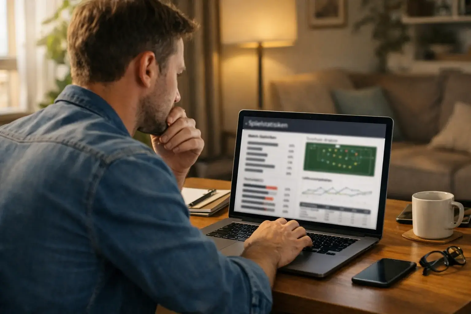 Mann analysiert Fußballstatistiken am Laptop in einem Wohnzimmer