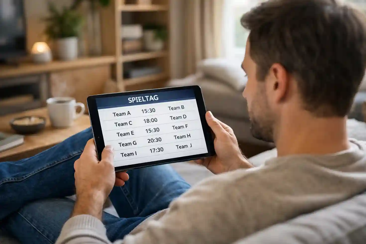 Mann analysiert den Bundesliga-Spieltag auf einem Tablet
