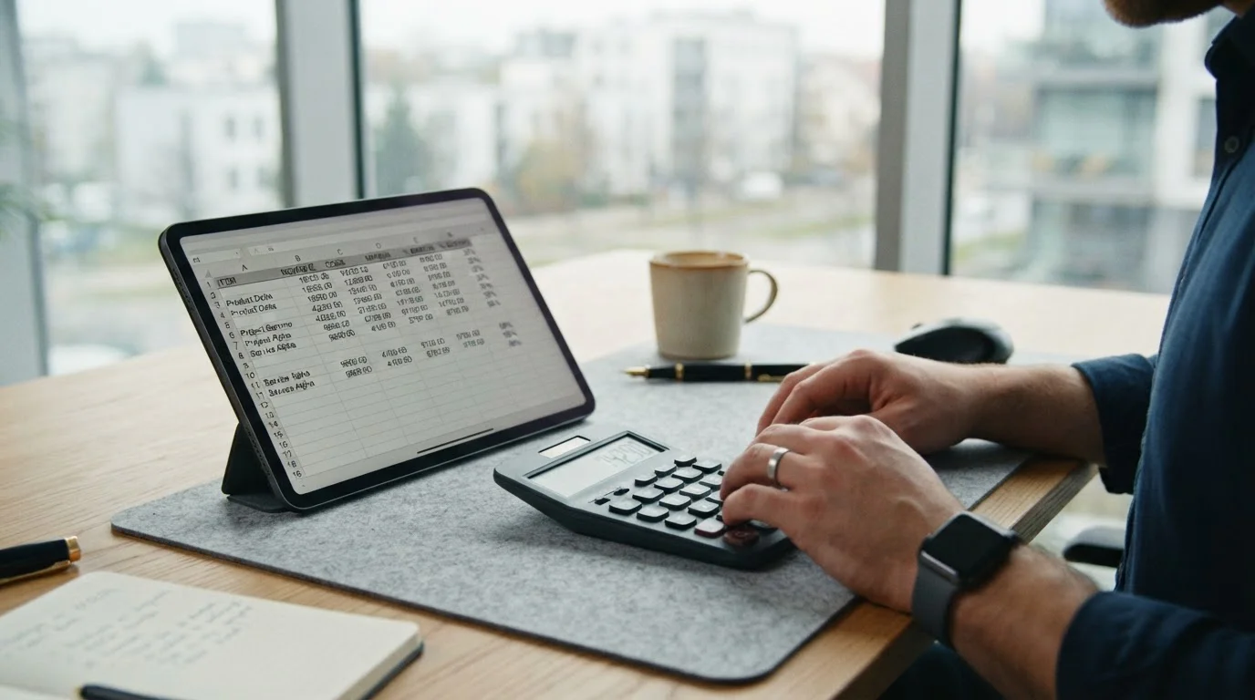 Taschenrechner und Tablet mit Tabellenkalkulation zur Wettmargen-Analyse