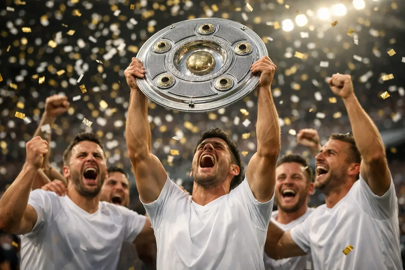 Jubelnde Fu&szlig;ballspieler feiern die Meisterschaft mit der Schale