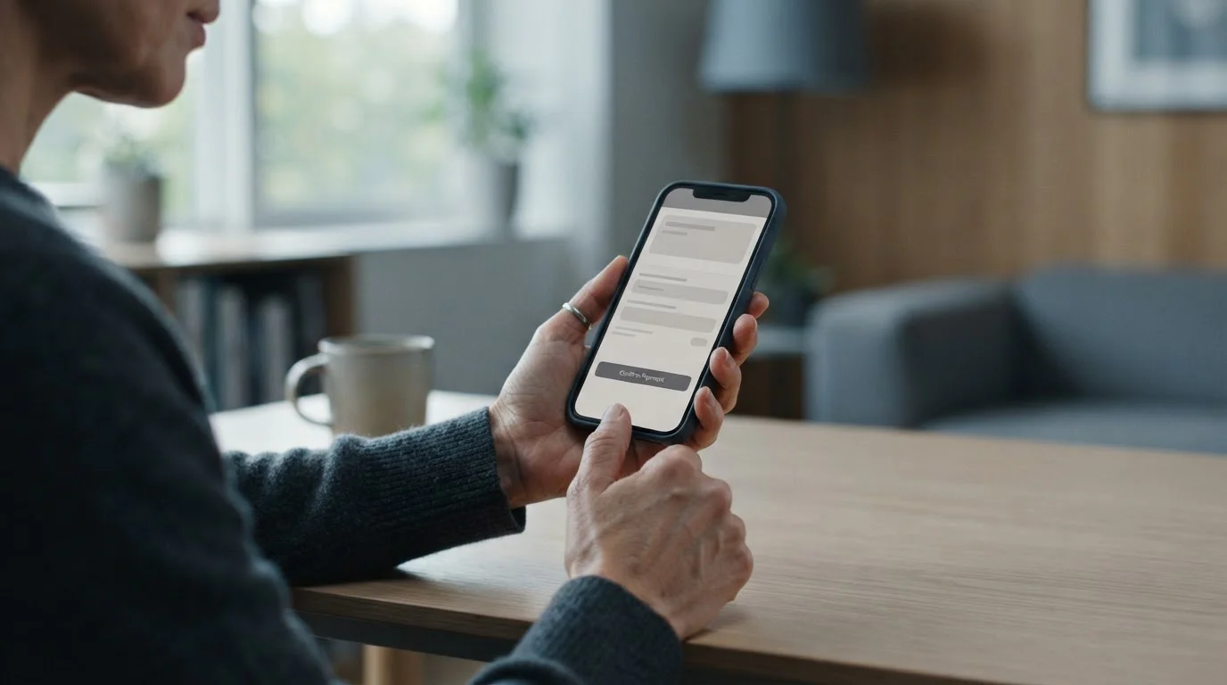 H&auml;nde halten Smartphone w&auml;hrend eines mobilen Zahlungsvorgangs mit abstrakter Payment-Oberfl&auml;che