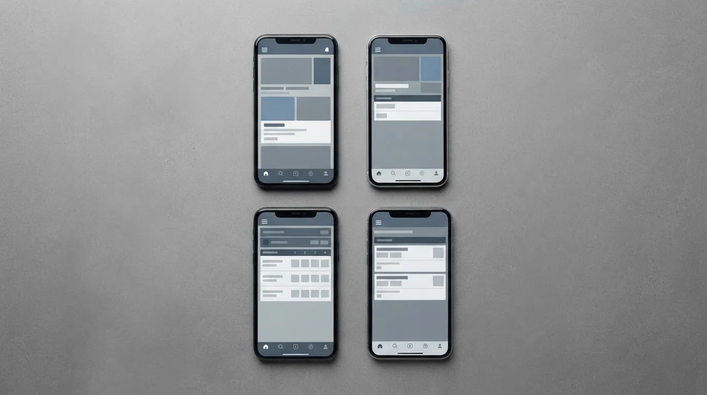 Mehrere Smartphones zeigen abstrakte Wett-App-Oberfl&auml;chen im direkten Vergleich