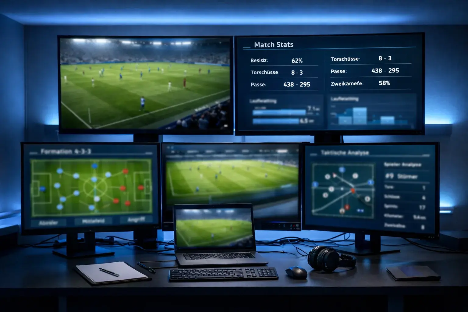 Moderne Sportanalyse mit mehreren Bildschirmen und Datenvisualisierungen