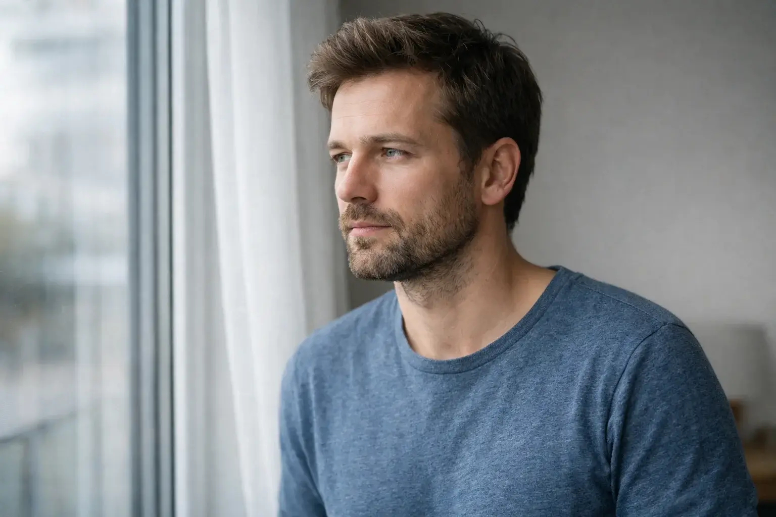 Nachdenklicher Mann am Fenster wägt eine Entscheidung ab