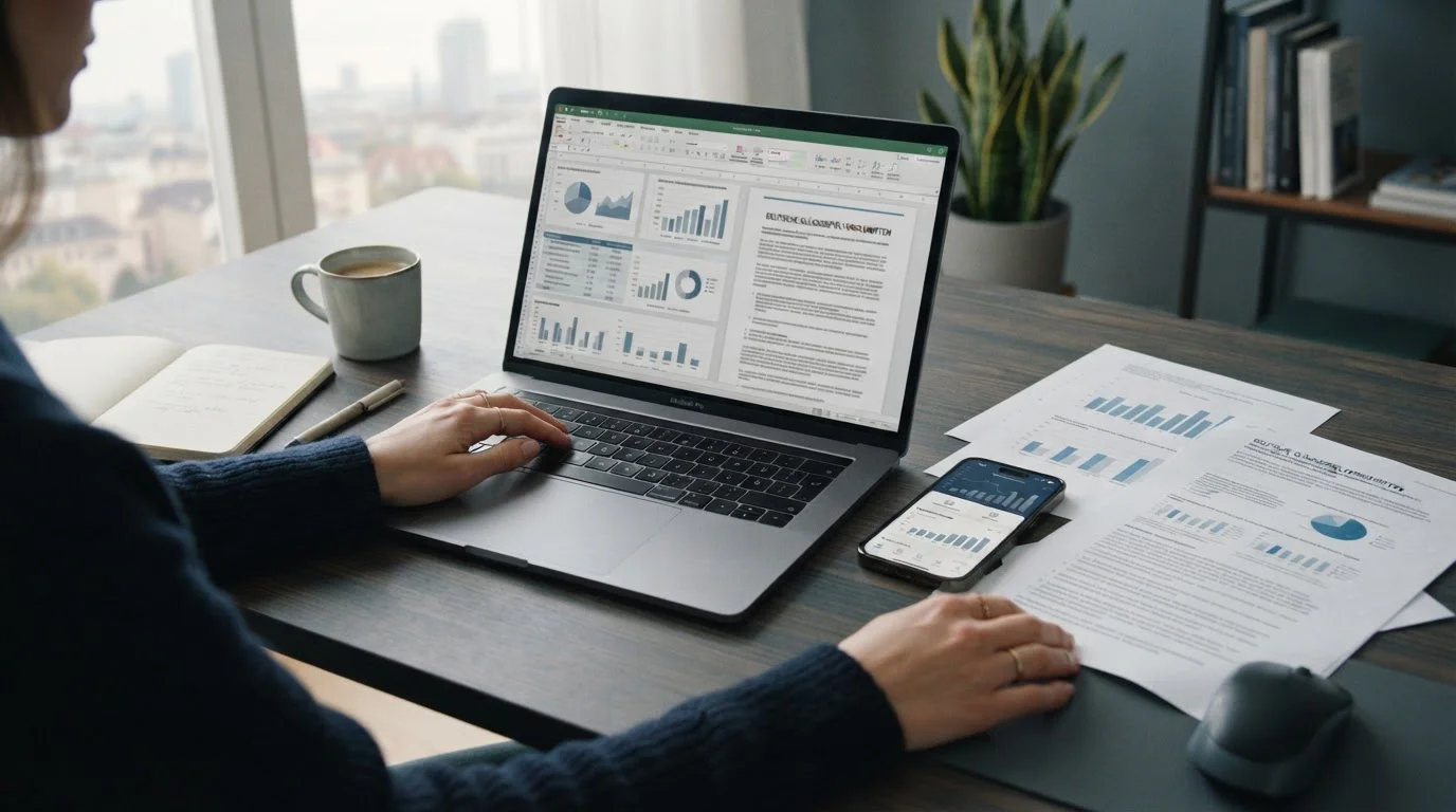 Analytischer Arbeitsplatz mit Laptop und Dokumenten zum deutschen Sportwetten-Markt