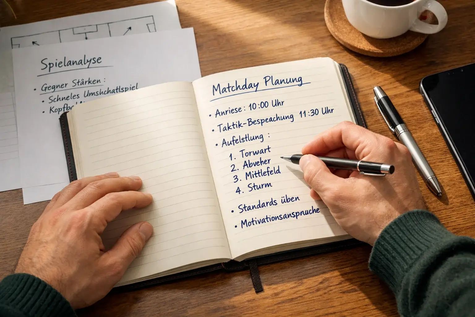 Person macht handschriftliche Notizen zur Spieltagsplanung am Schreibtisch