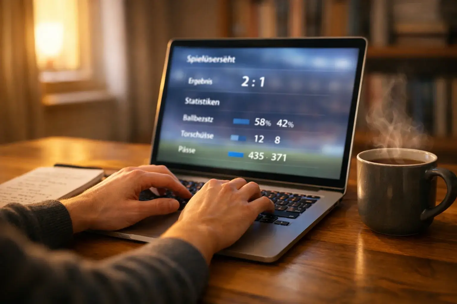 Person analysiert Bundesliga-Statistiken am Laptop im Home Office