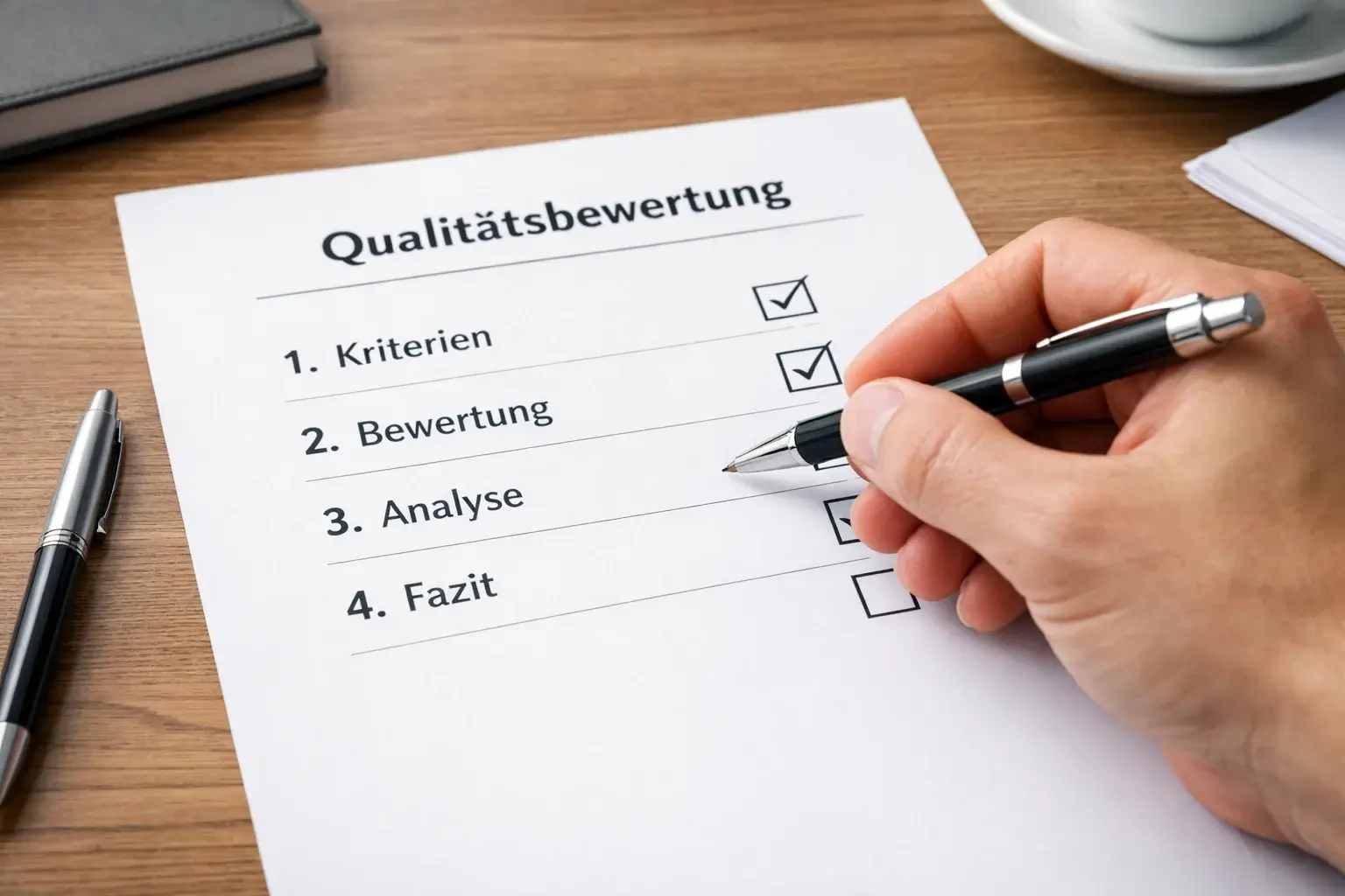 Hand mit Stift pr&uuml;ft eine Checkliste zur Qualit&auml;tsbewertung