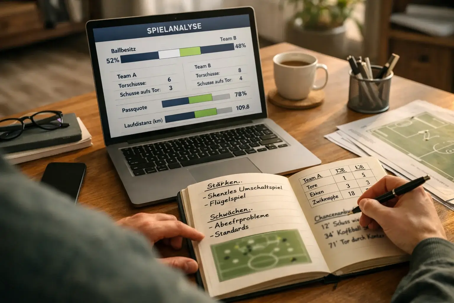 Person macht Notizen zur Spieltagsvorbereitung mit Laptop und Notizbuch