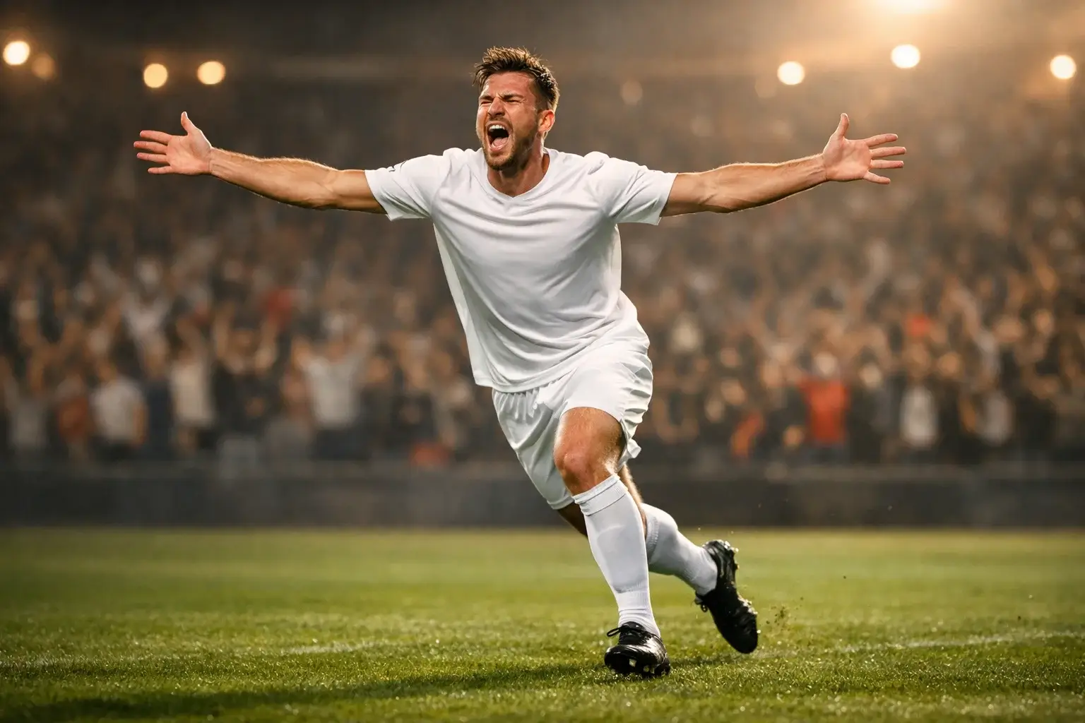 St&uuml;rmer feiert ein Tor mit ausgestreckten Armen vor den Fans