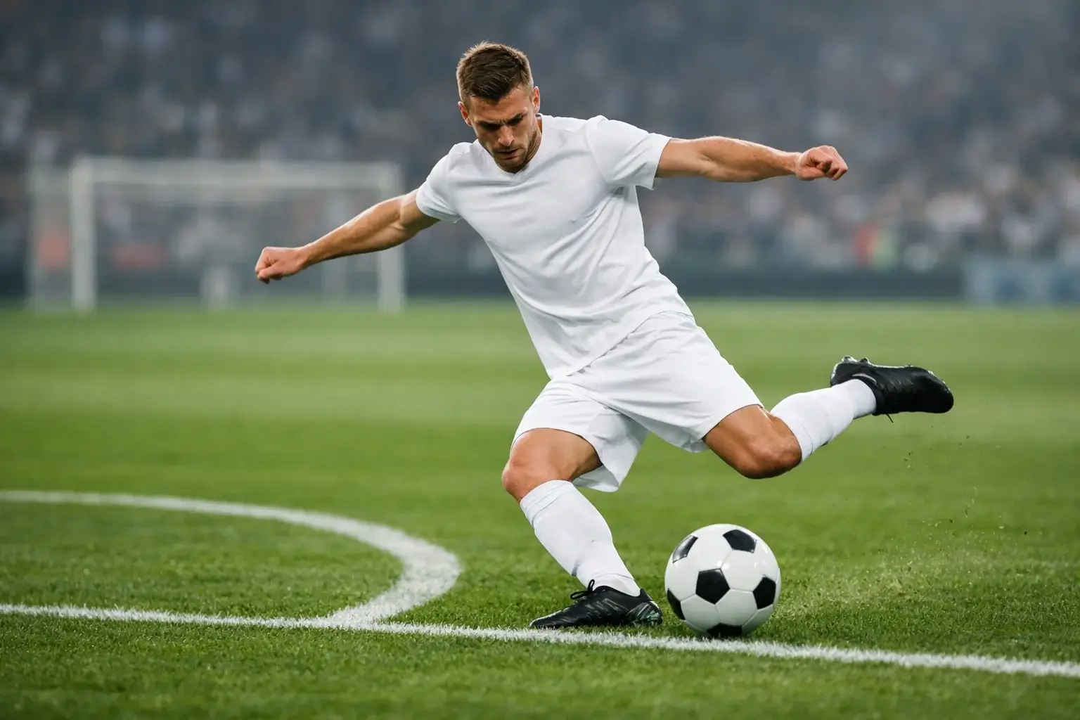 Fußballspieler in Schussposition im Strafraum