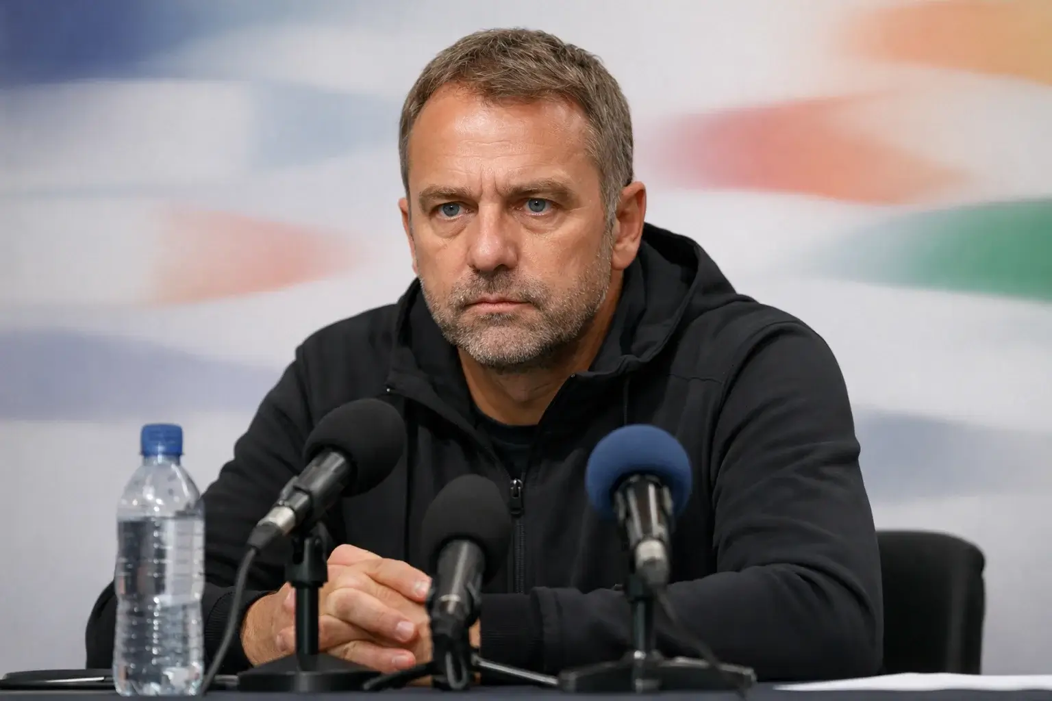 Fußballtrainer bei einer Pressekonferenz vor einem Bundesliga-Spiel
