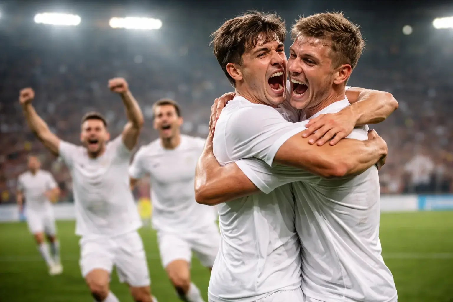 Fu&szlig;ballspieler eines Au&szlig;enseiters jubeln &uuml;ber einen &uuml;berraschenden Sieg