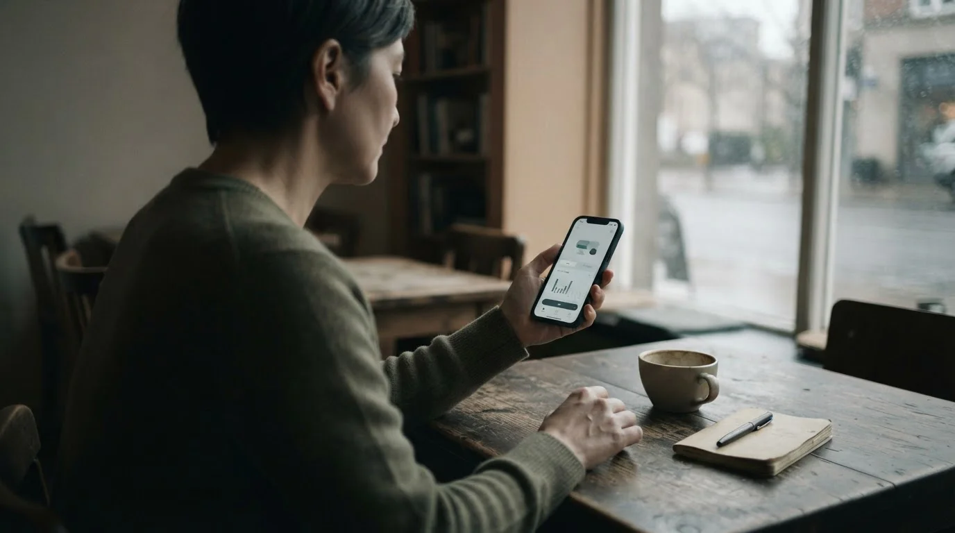 Person setzt Limit in Wett-App, Fokus auf nachdenkliche Geste