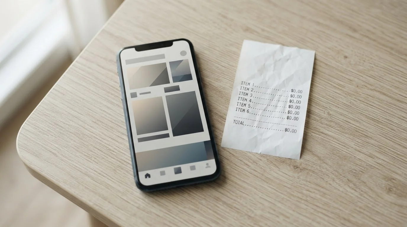 Smartphone und neutraler Beleg nebeneinander auf Tisch im Vergleich
