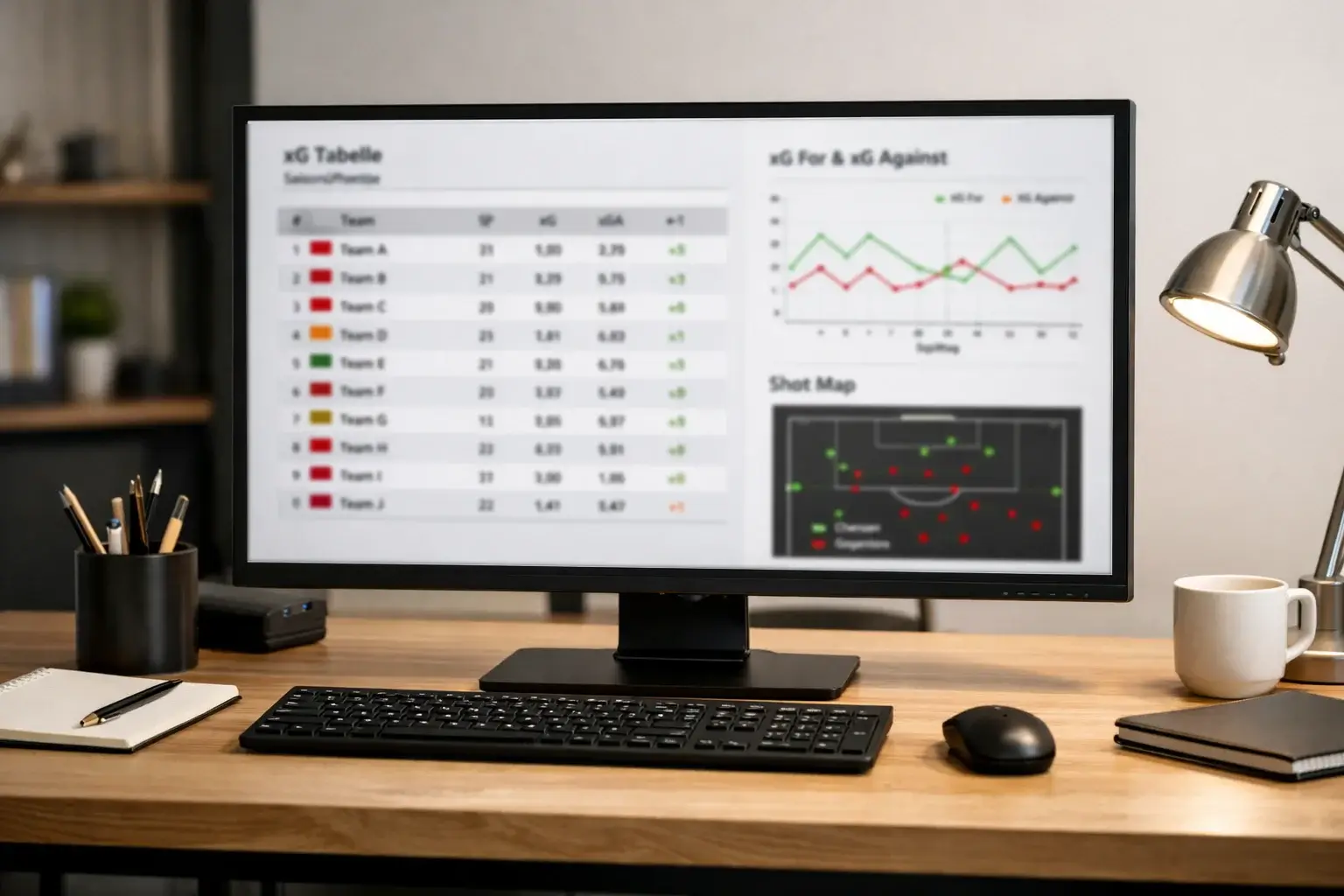 Computer-Bildschirm zeigt xG-Statistikplattform mit Bundesliga-Daten